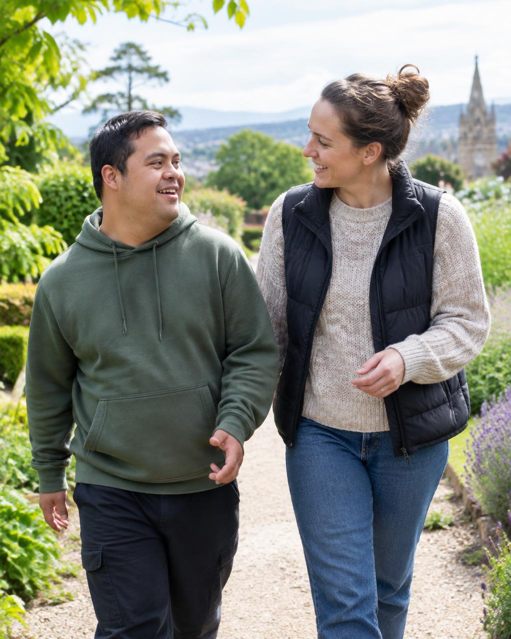 A participant and support worker walking together in Ballarat